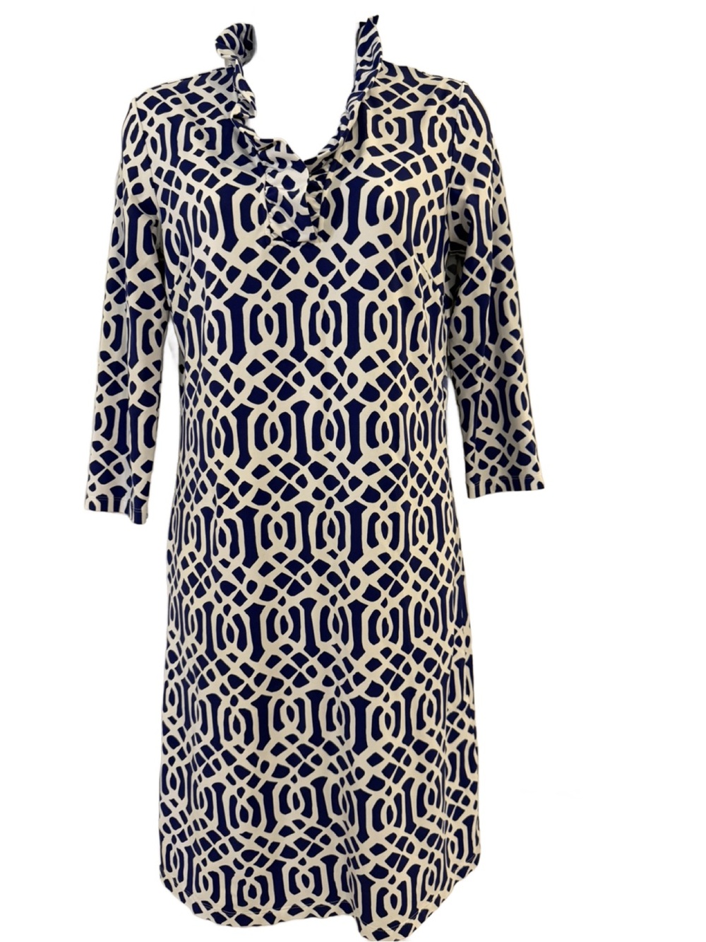 J Mclaughlin Navy and Cream Geometric Ruffle Neck Dress. Small